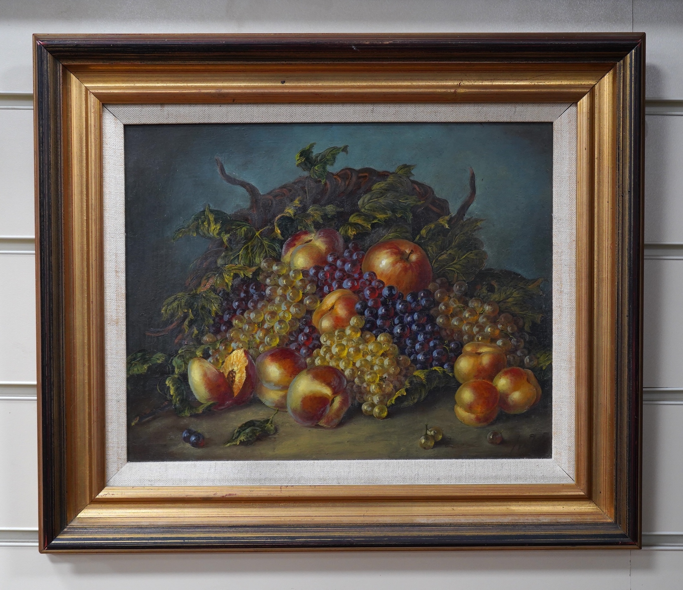 Contemporary Dutch style, oil on board, Still life of fruit, indistinctly signed lower right, 23 x 29cm, gilt framed. Condition - good